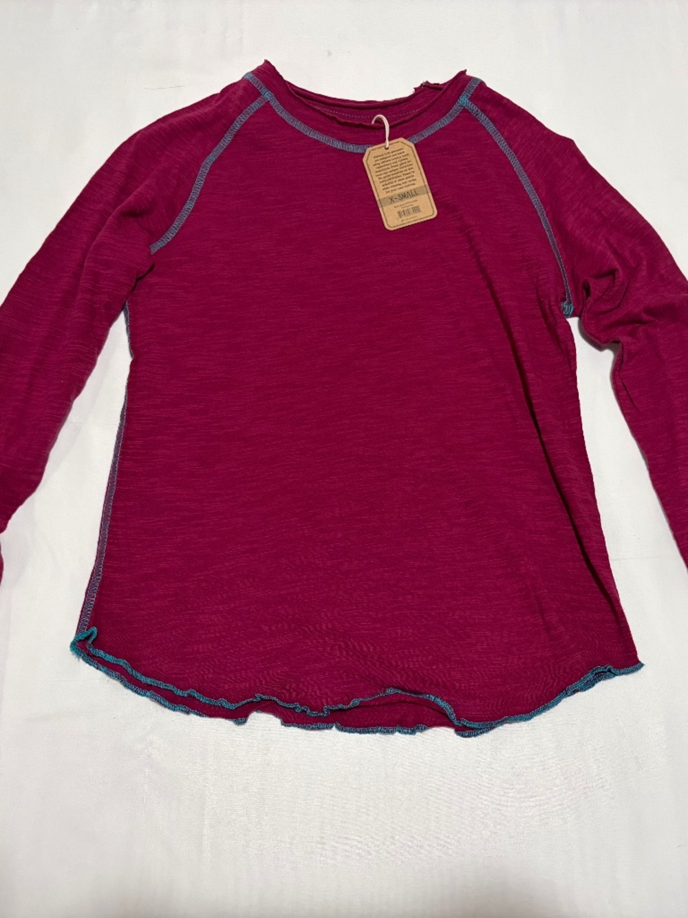 NWT Natural Life Berry Pink Slub Knit Long Sleeve Top Teal Lettuce Trim XS
